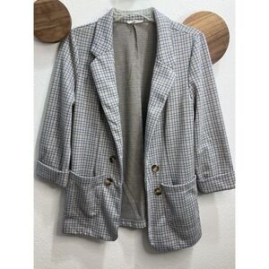 Maurices Small Gray Blue Houndstooth Plaid Blazer Jacket 3/4 Sleeve Preppy